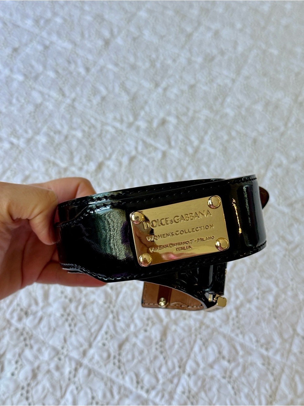 Dolce & Gabbana Black Patent Leather Belt with Gold Plaque